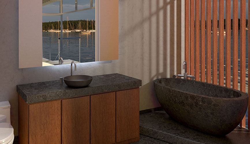 A rendering of the bathroom on a floating house called Immerst by Stephens Waring Yacht Design